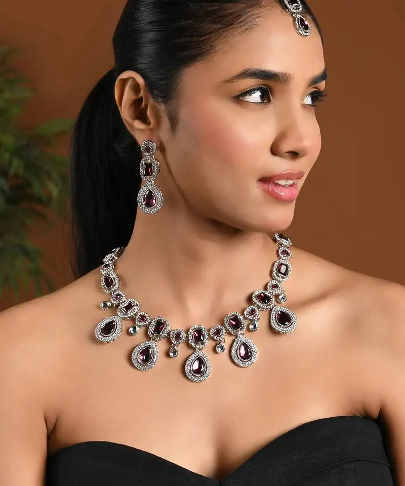 Silver traditional kundan & stone choker necklace jewellery with earrings & maang tikka set for women