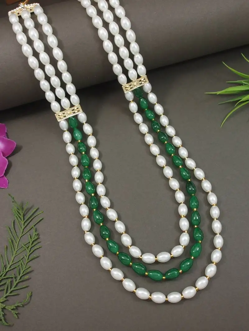 3 layered traditional gold plated dulha moti mala with beaded maharaja haar::Groom necklace for men (mlp73g)