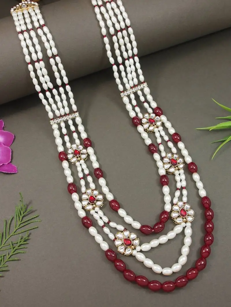 4 layered traditional gold plated dulha moti mala with floral beaded maharaja haar::Groom necklace for men (maroon)