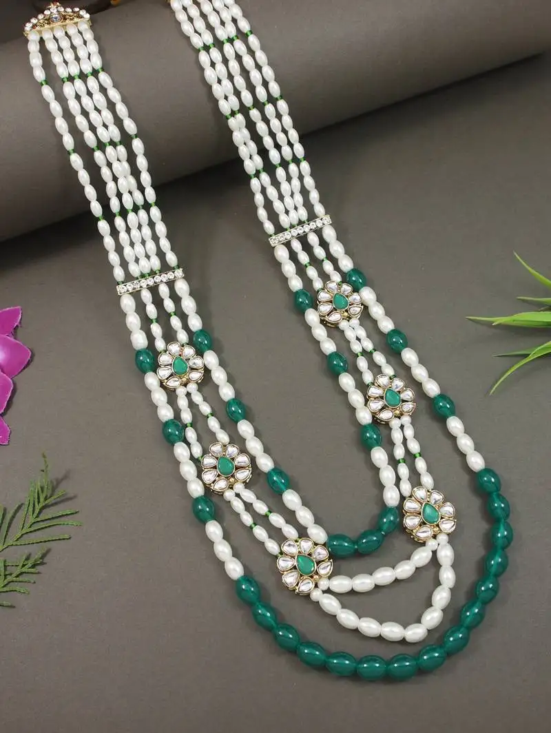 4 layered traditional gold plated dulha moti mala with floral beaded maharaja haar::Groom necklace for men (mlp72g)