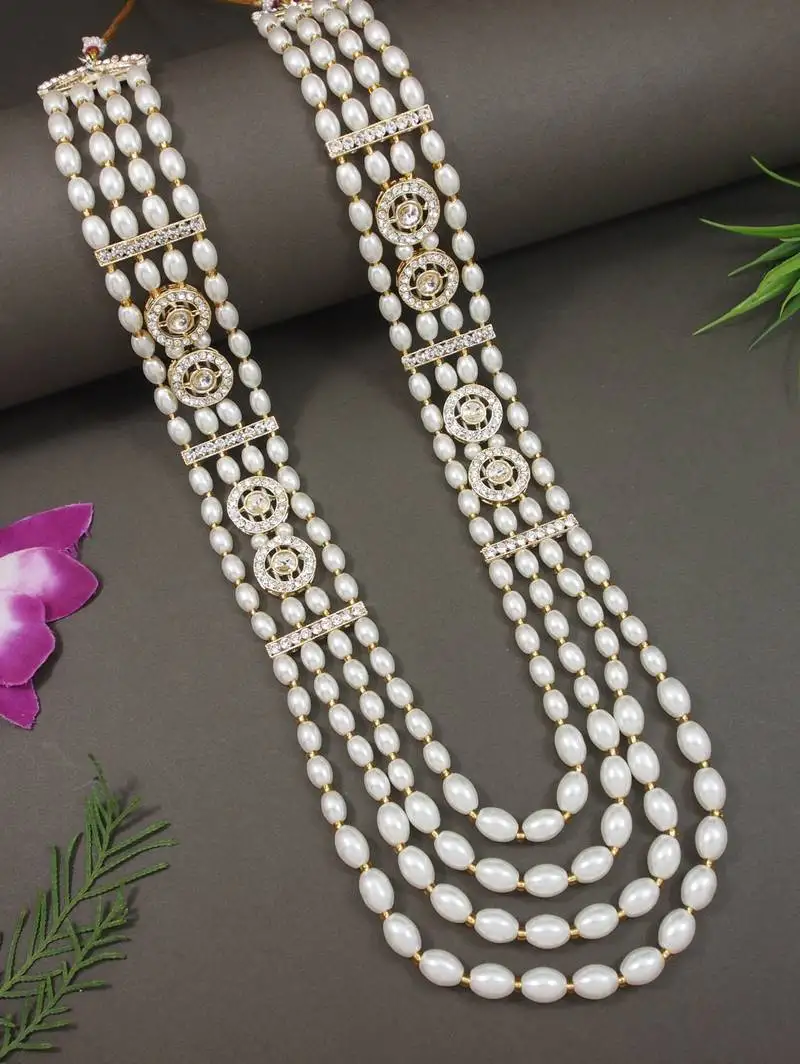 4 layered traditional gold plated dulha moti mala with beaded maharaja haar::Groom necklace for men (white)