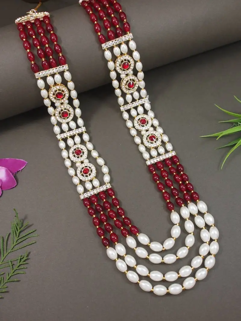 4 layered traditional gold plated dulha moti mala with beaded maharaja haar::Groom necklace for men (maroon)