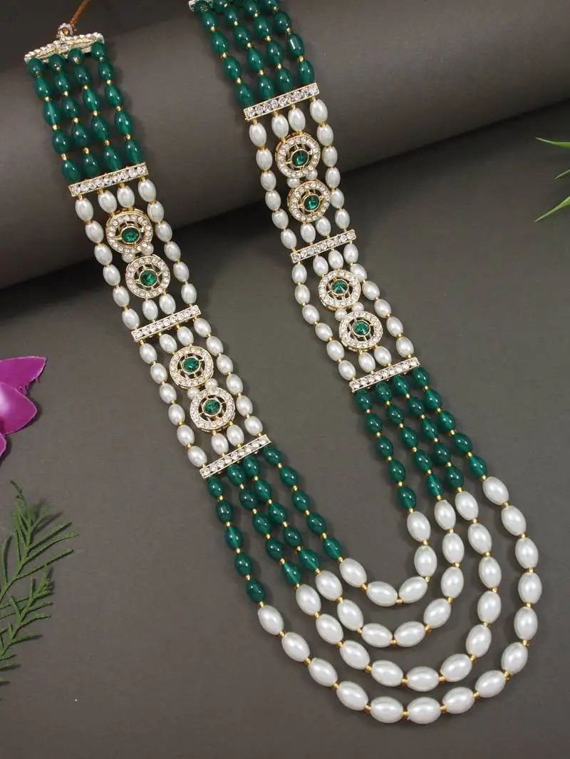 4 layered traditional gold plated dulha moti mala with beaded maharaja haar::Groom necklace for men (mlp71g)