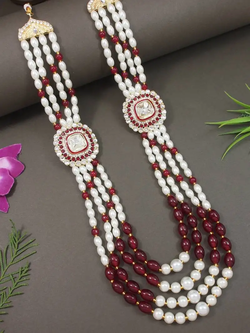 4 layered traditional gold plated dulha moti mala with beaded maharaja haar::Groom necklace for men (mlp70m)