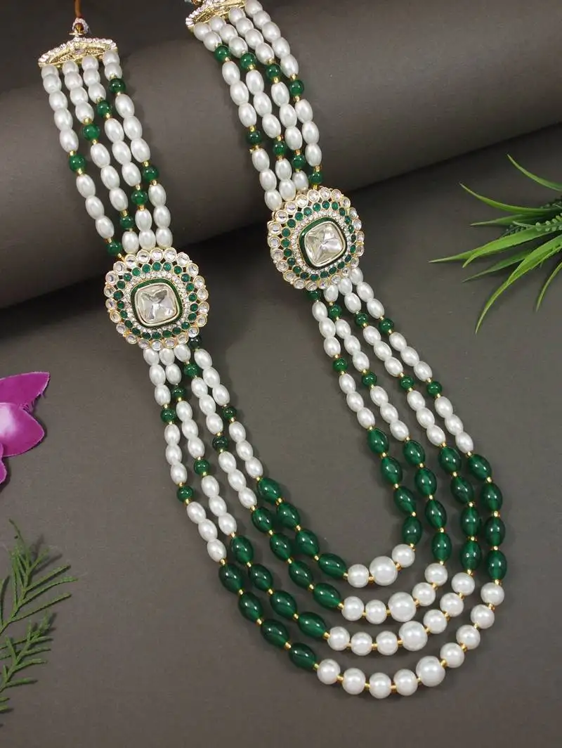 4 layered traditional gold plated dulha moti mala with beaded maharaja haar::Groom necklace for men (green)