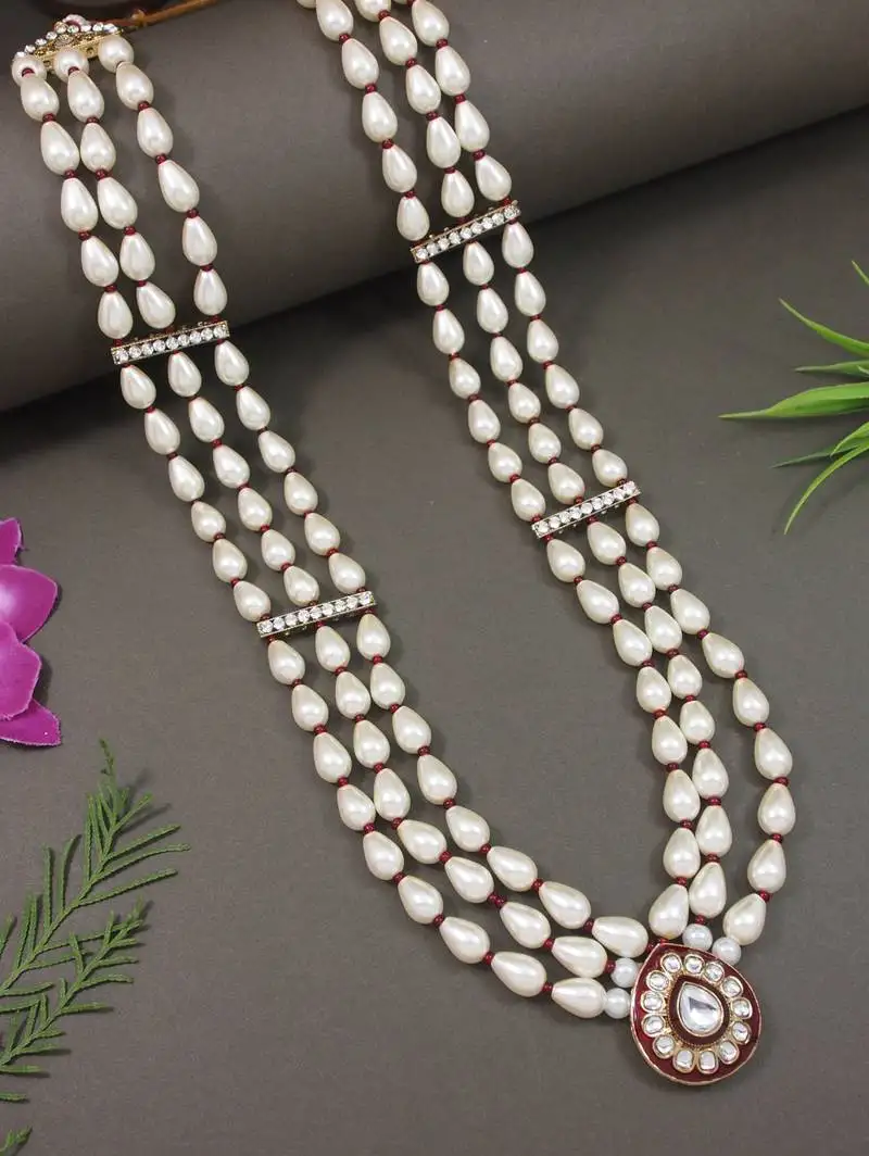 3 layered traditional gold plated dulha moti mala with beaded maharaja haar::Groom necklace for men (white maroon)