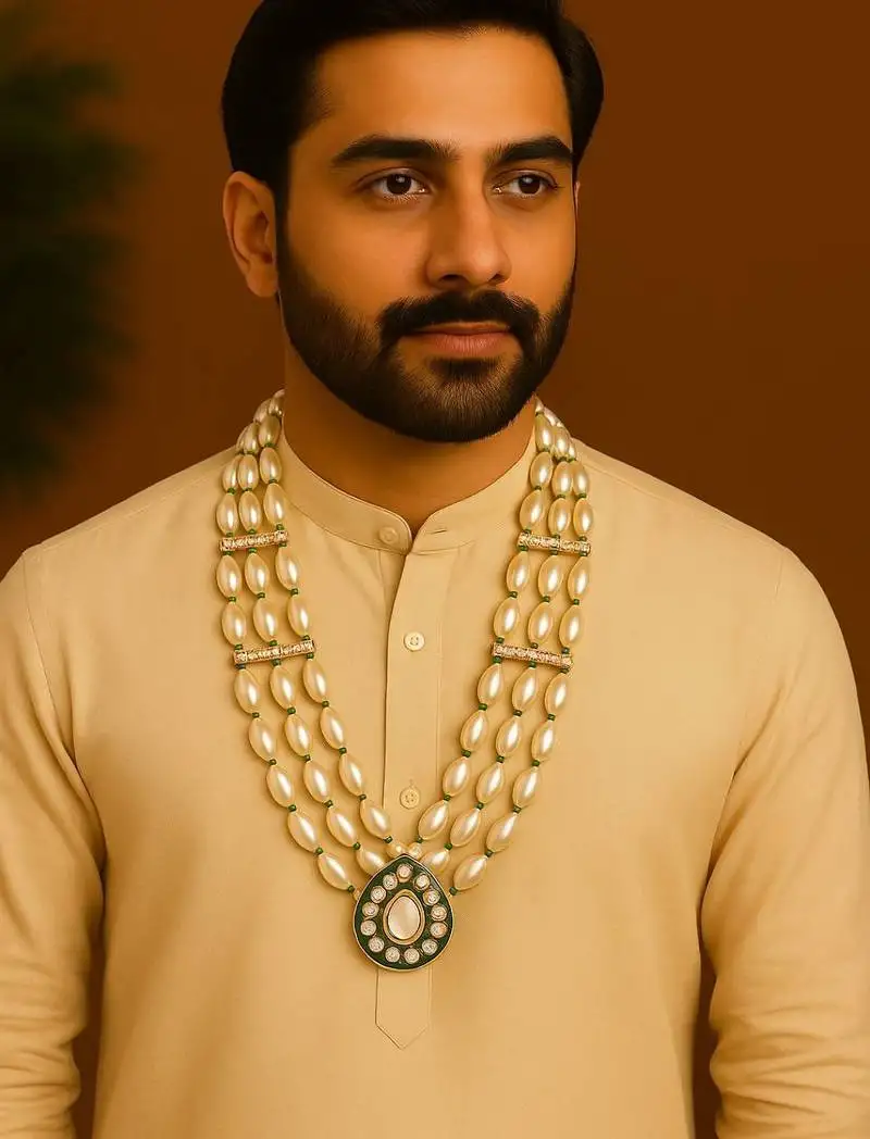 3 layered traditional gold plated dulha moti mala with beaded maharaja haar::Groom necklace for men (mlp67wg)