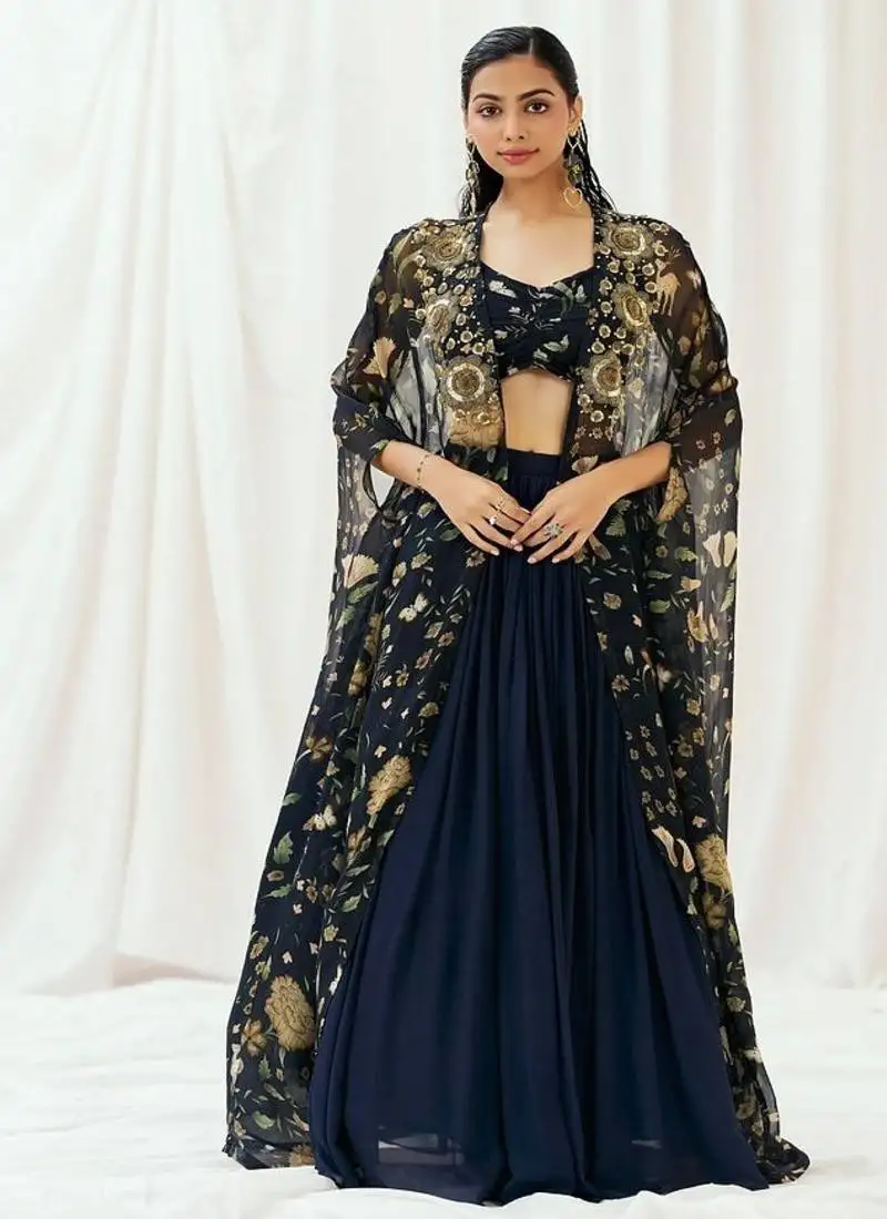 Navy blue plain georgette lehenga