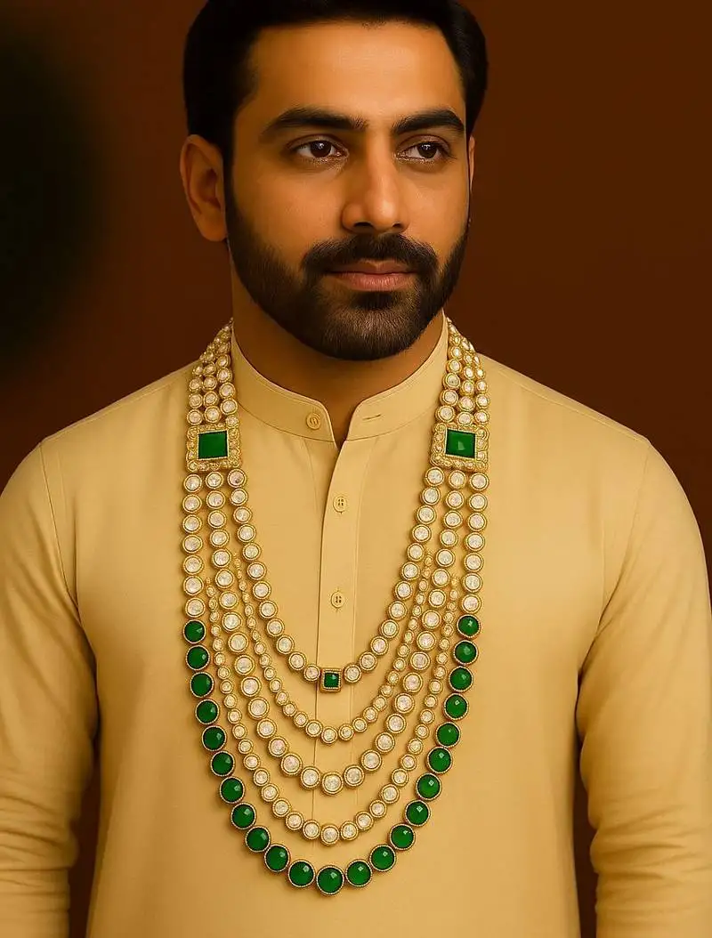 5 layered traditional gold plated dulha moti mala with beaded kundan maharaja haar::Groom necklace for men (mlp63g)