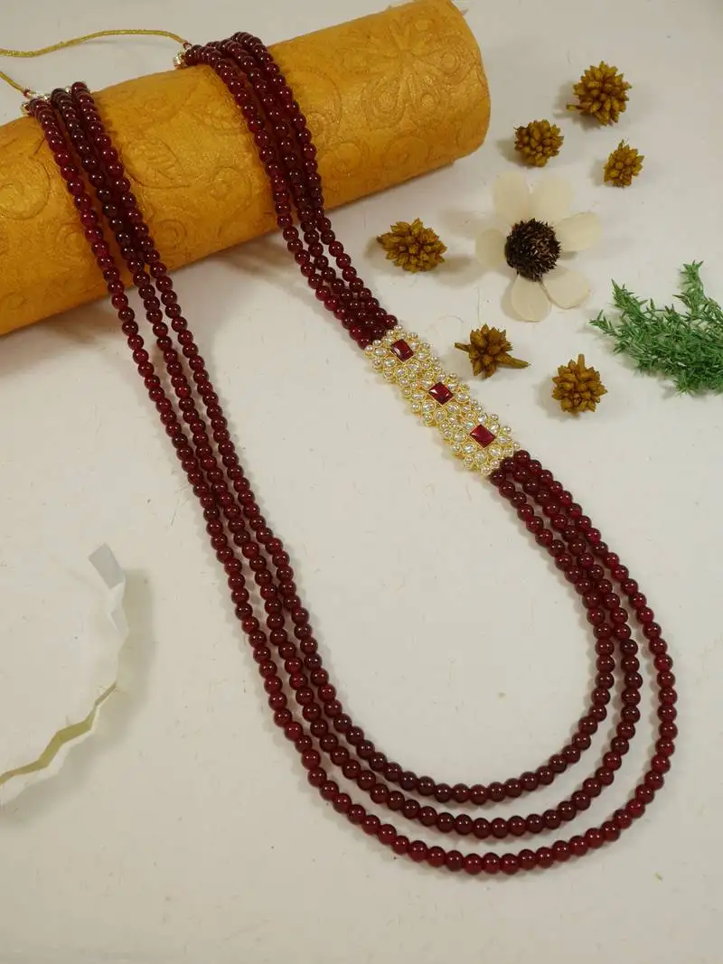 3 layered traditional gold plated dulha moti mala with beaded maharaja haar::Groom necklace for men (mlp52m)