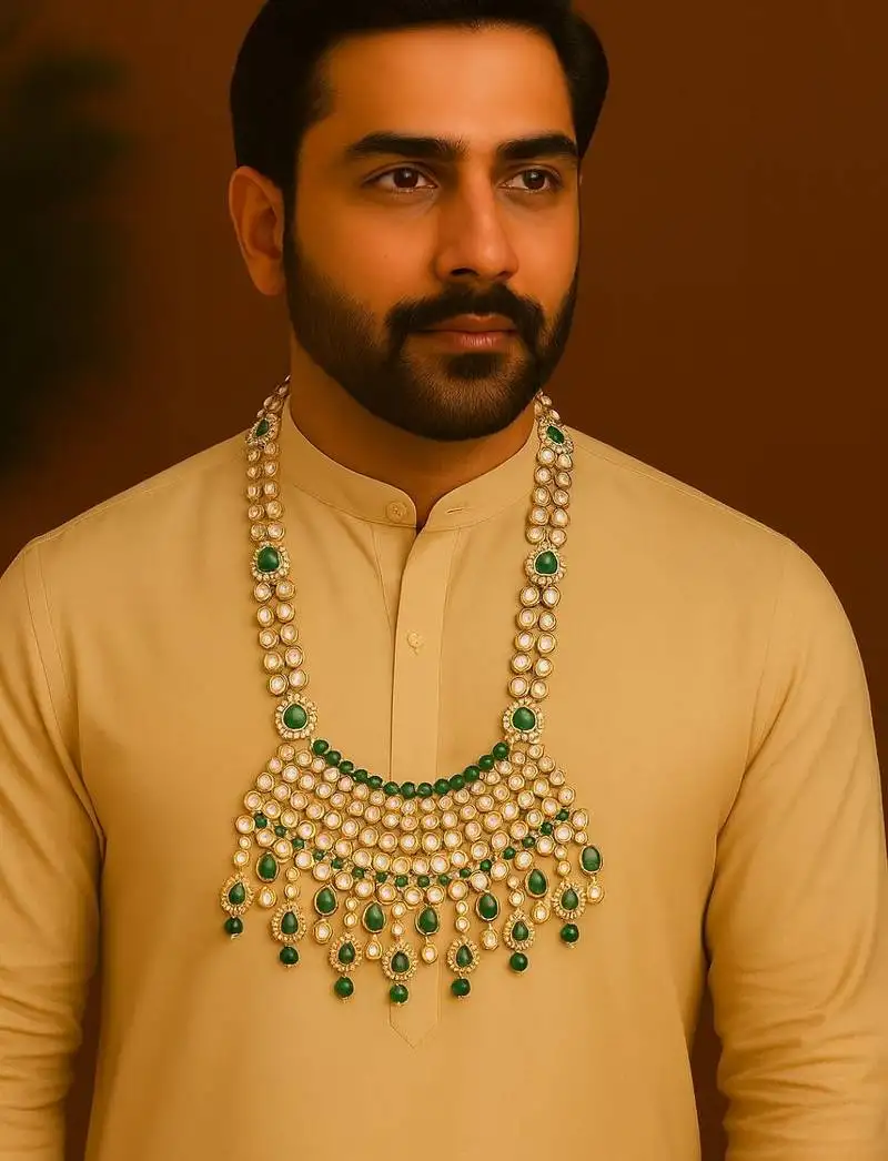 Traditional gold plated dulha moti mala with beaded kundan maharaja haar::Groom necklace for men (mlp62g)