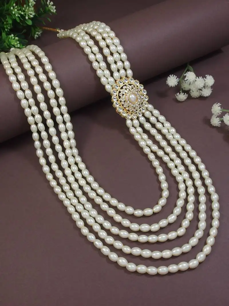 5 layered traditional gold plated dulha moti mala with kundan maharaja haar::Groom necklace for men (mlp57w)