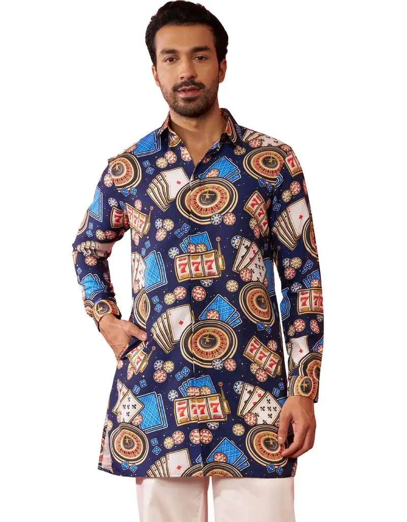 Men's blue rayon kurta - digital printed mid-length casual festive