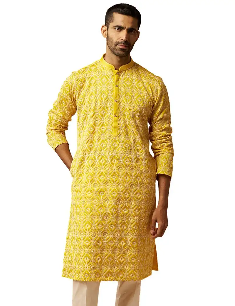 Men yellow linen silk thread embroidered kurta - premium geometric wedding festive wear