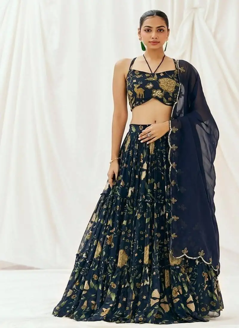 Navy blue floral printed georgette lehenga