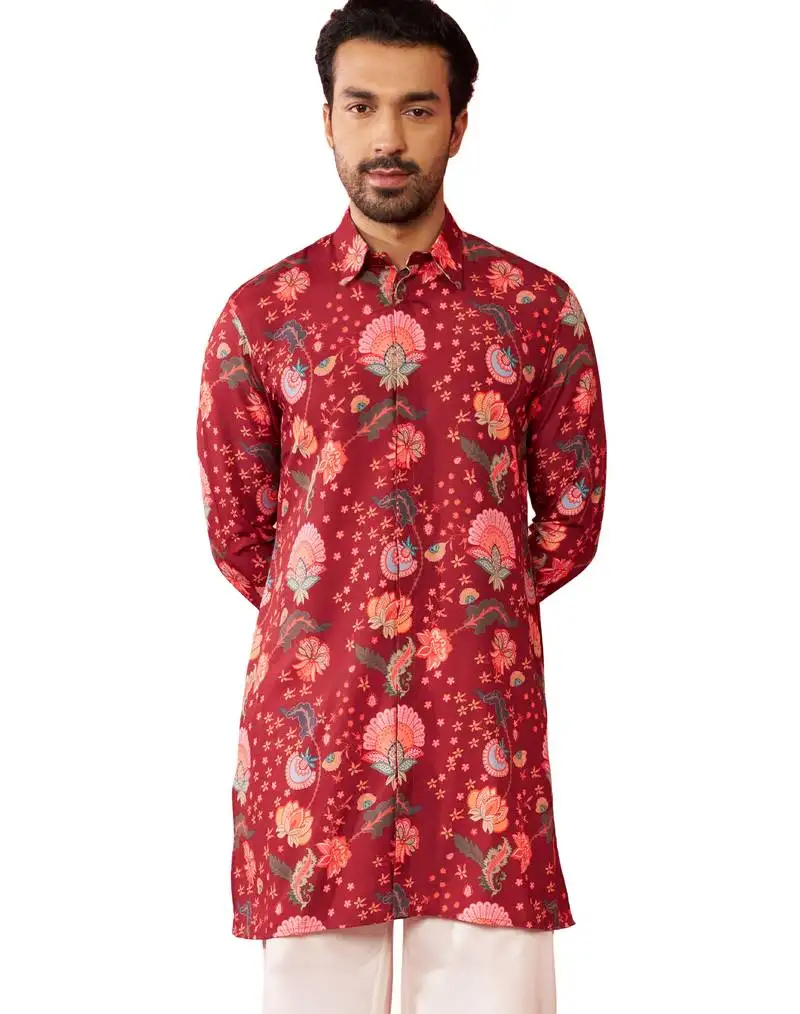 Men's red rayon kurta - digital printed mid-length casual festive