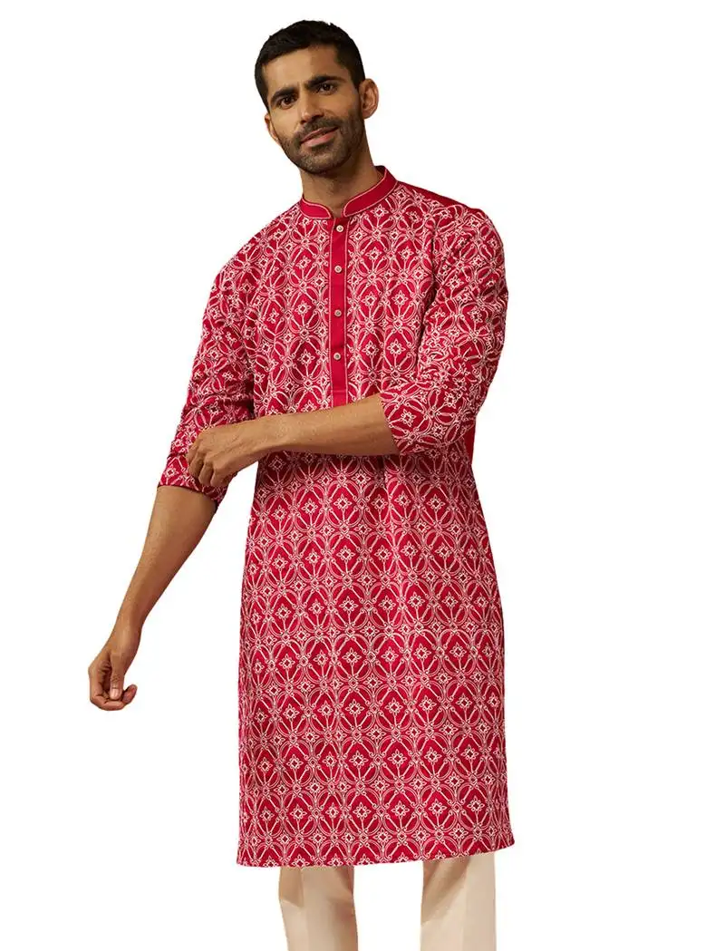 Men red linen silk thread embroidered kurta - premium geometric pattern festive wear