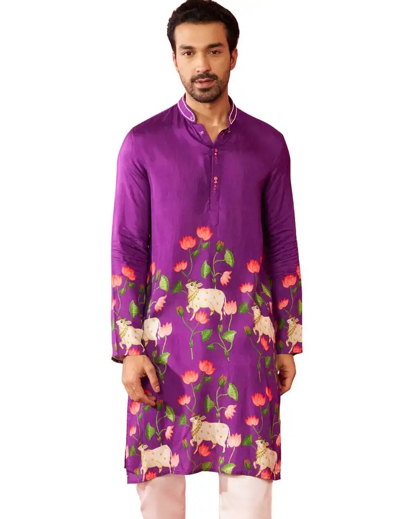 Men's purple digital print long kurta - rayon cutdana work festive wear