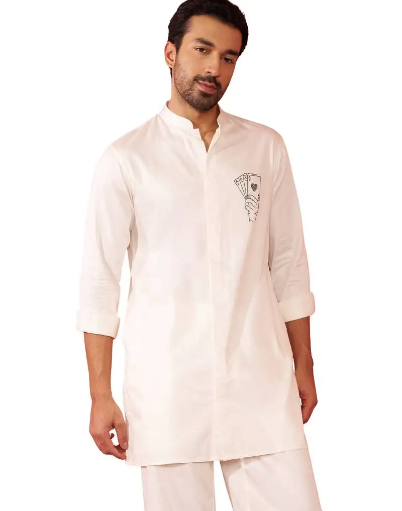 Men's white mid-length kurta - fine satin stone work festive wear
