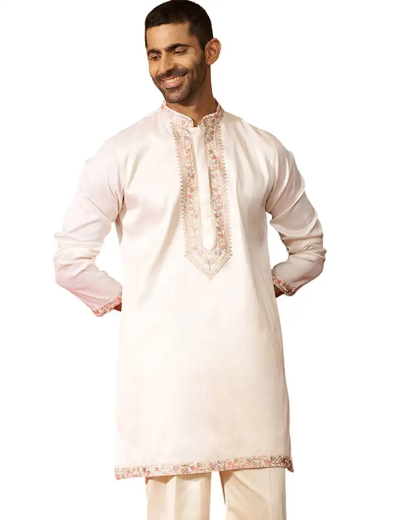 Men off white silk embroidered mid kurta - premium kashmiri stitch wedding wear