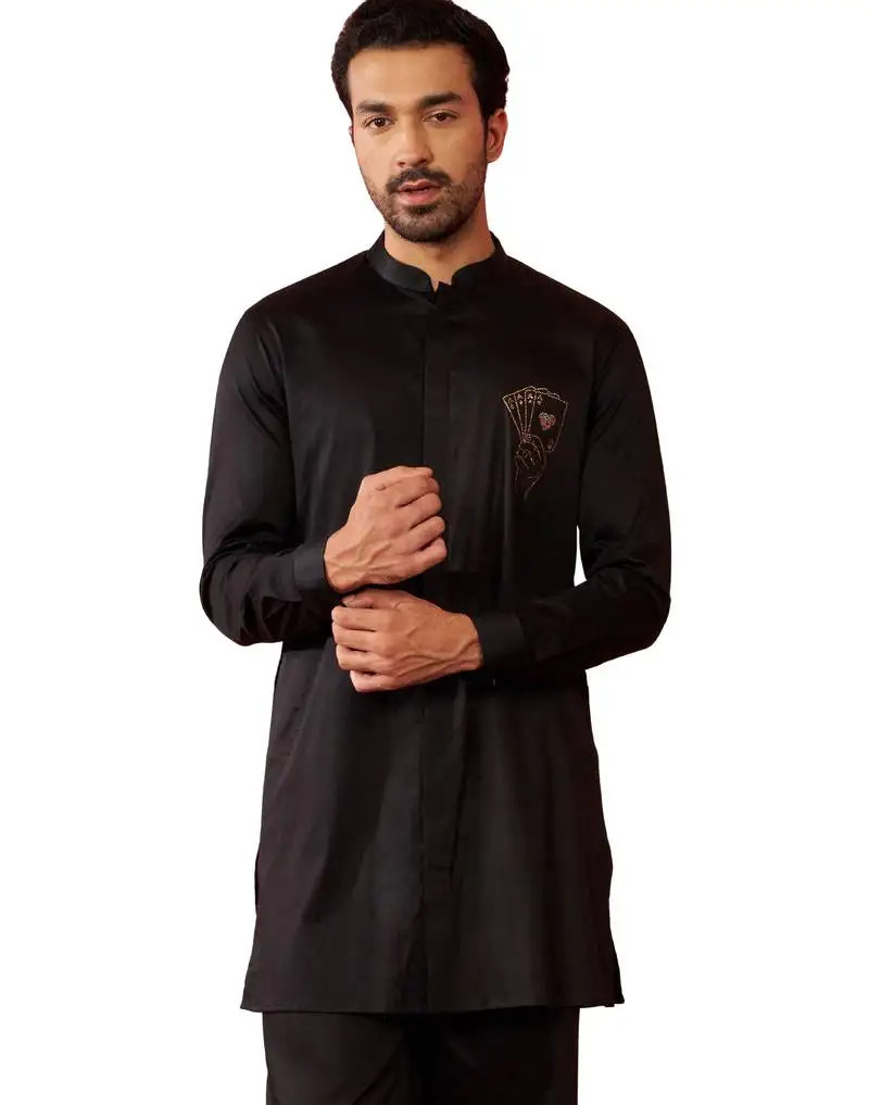 Men's black kurta - fine satin stone work festive wear