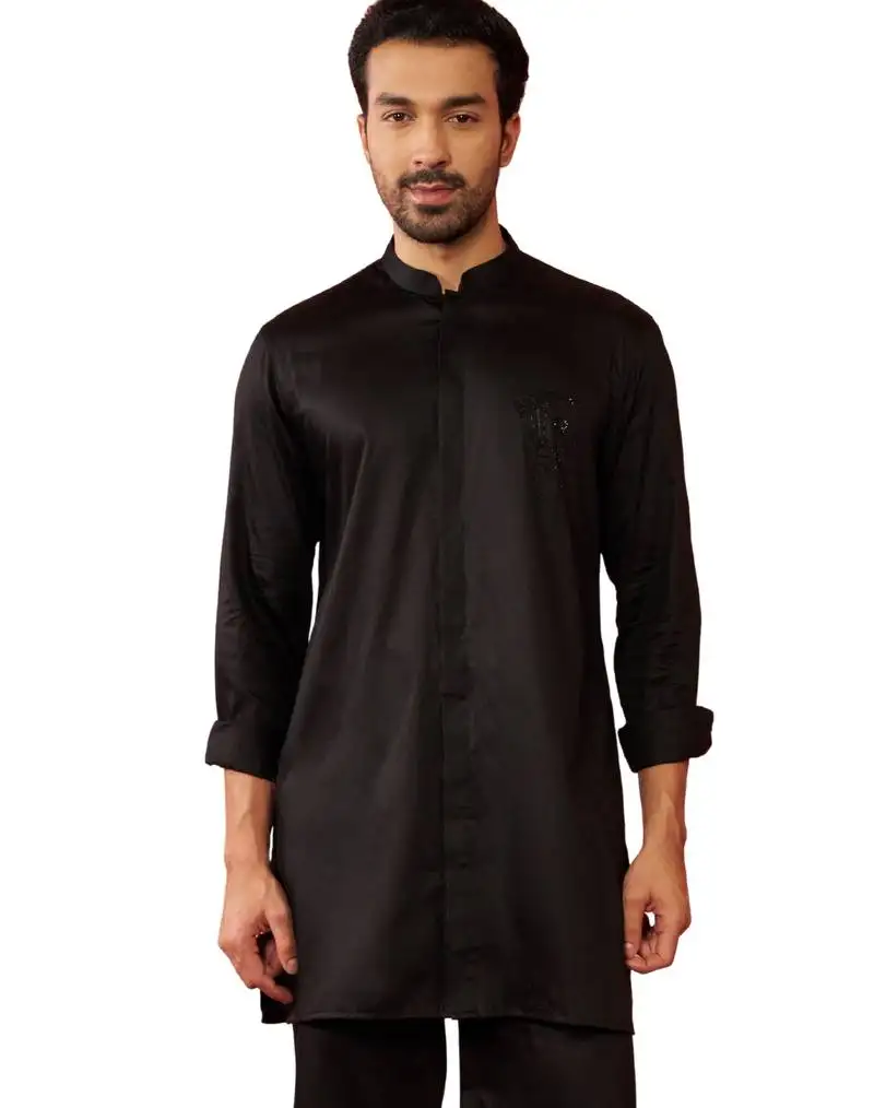 Men's black mid-length kurta - fine satin stone work festive wear