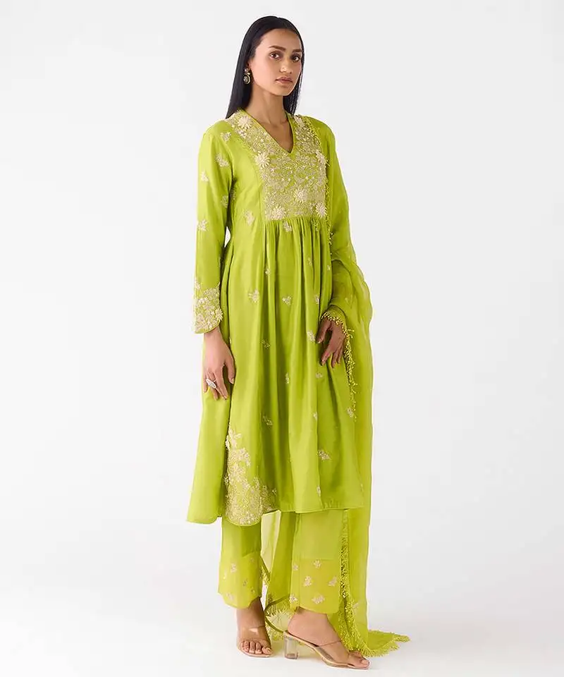 Lime embroidered chiffon kurta set
