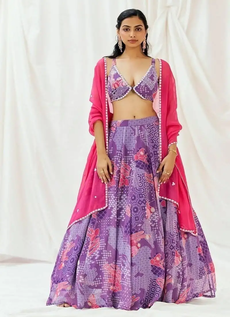 Violet geometric printed georgette lehenga