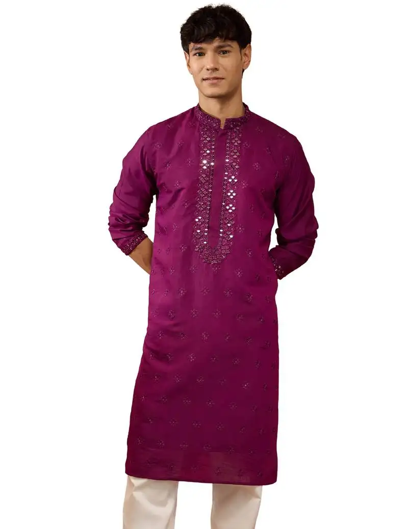 Men's pink embroidered silk kurta - festive traditional wear