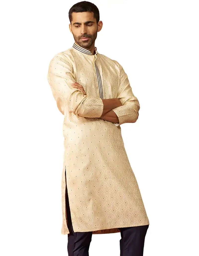 Men cream royal blue silk jacquard kurta - premium zari embroidered wedding wear
