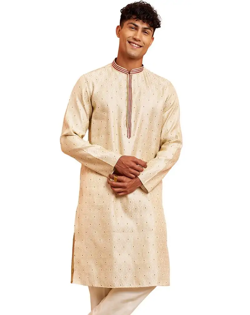 Men cream silk blend long kurta - jacquard maroon motif mandarin collar festive wear
