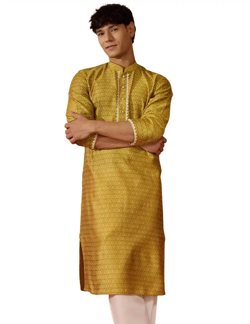 Men yellow silk jacquard kurta - premium floral wedding festive traditional wear