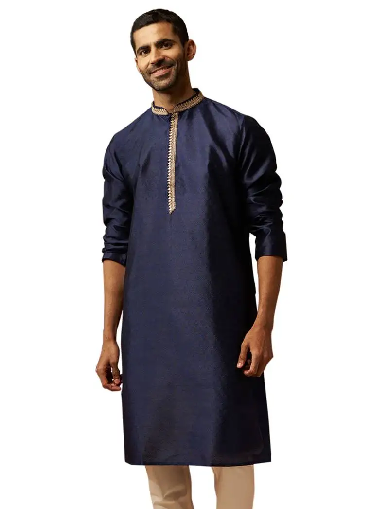 Men navy blue silk anmol jacquard kurta - premium ethnic motif traditional wear