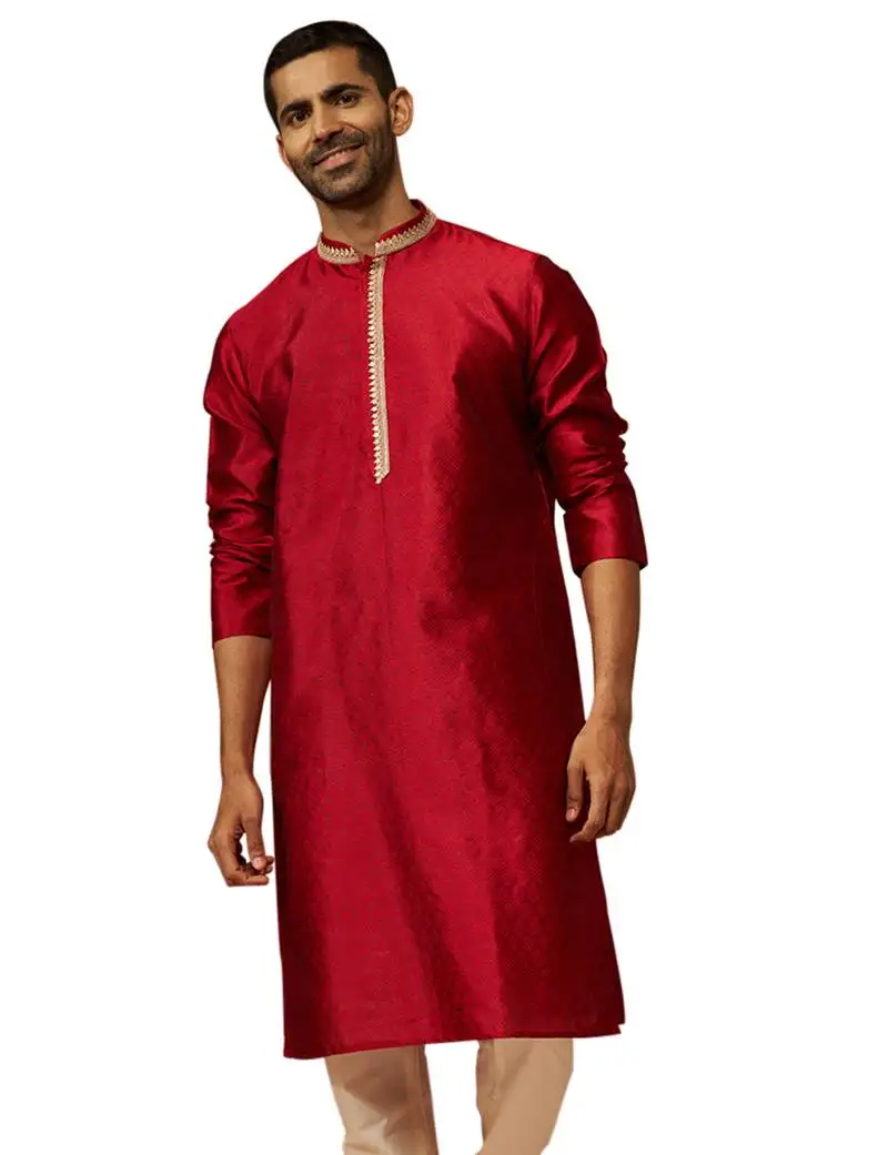Men maroon silk anmol jacquard kurta - premium ethnic motif royal festive wear