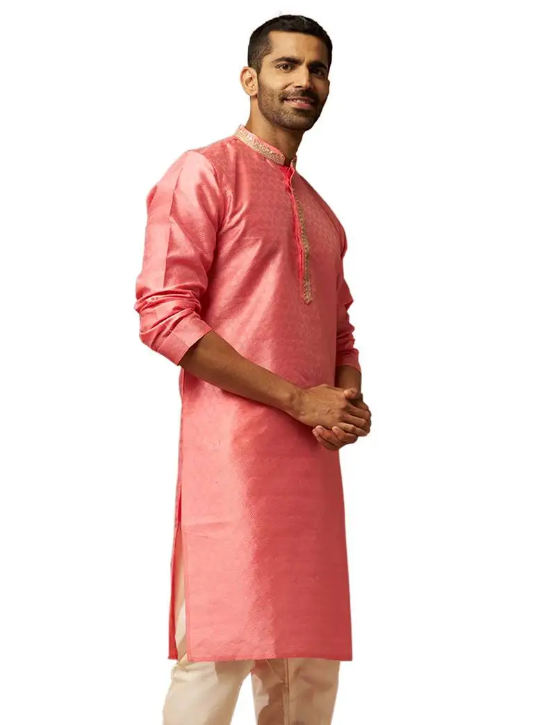 Men pink silk anmol jacquard kurta - premium ethnic motif wedding festive wear