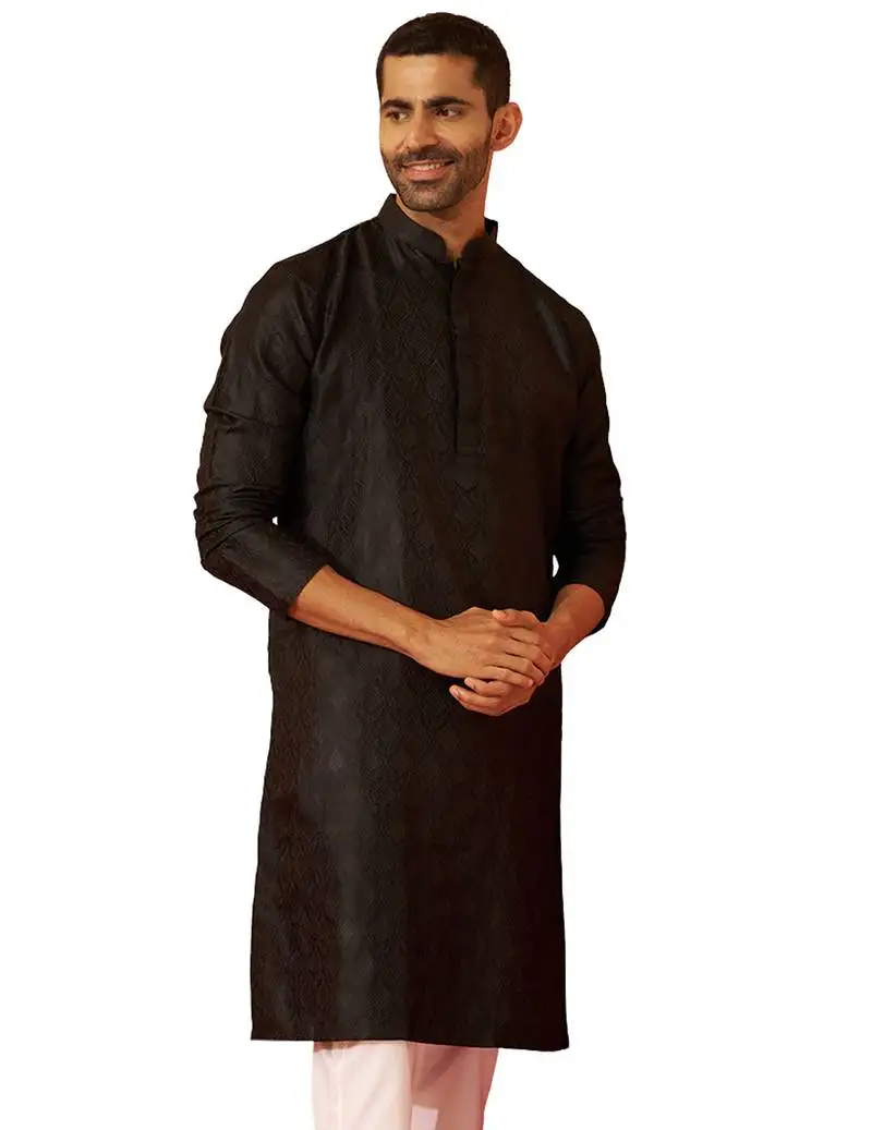 Men black silk fancy jacquard kurta - premium katan ethnic motif wedding wear