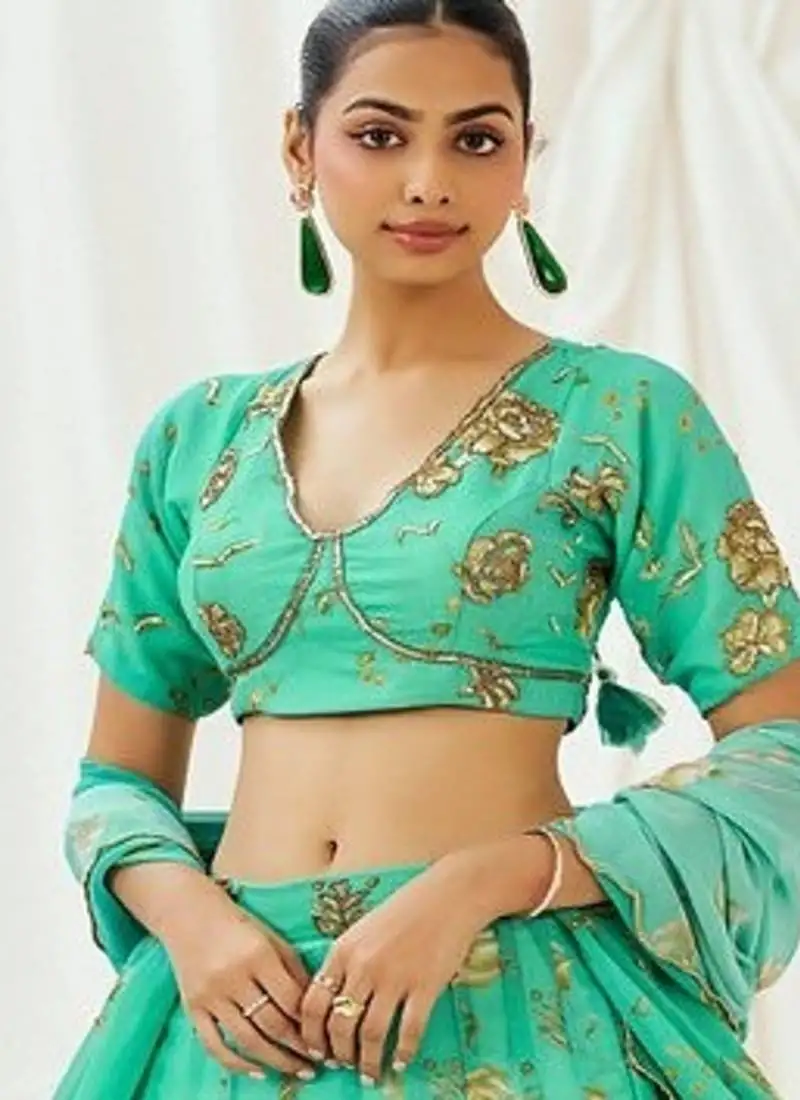 Turquoise floral printed georgette lehenga