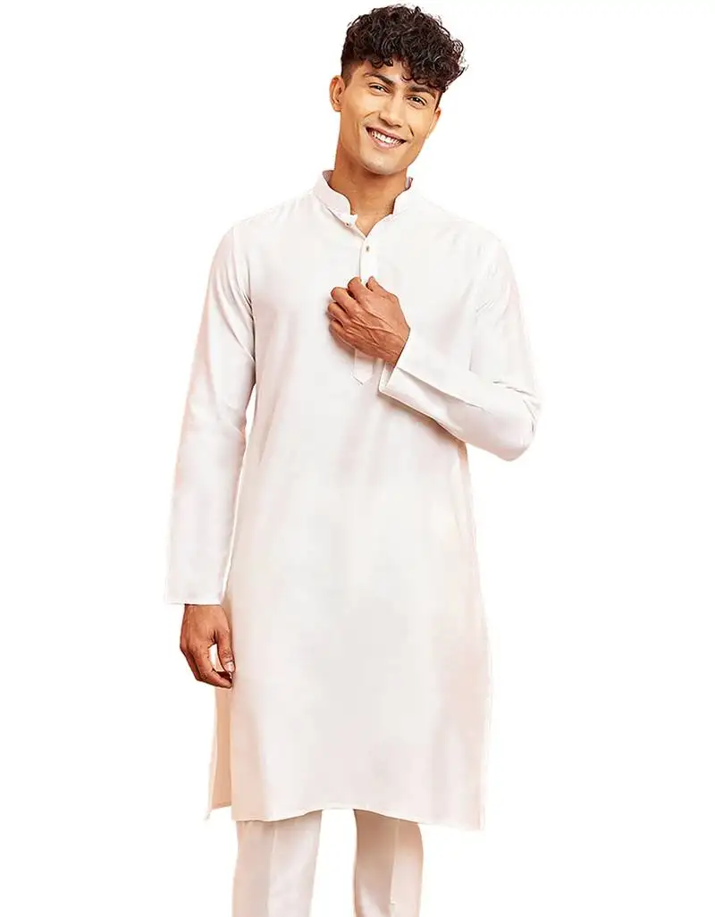 Men white viscose kurta - long sleeve mandarin collar festive wedding traditional ethnic wear