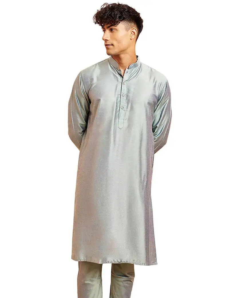 Men silver viscose kurta - long sleeve mandarin collar festive wedding traditional ethnic wear