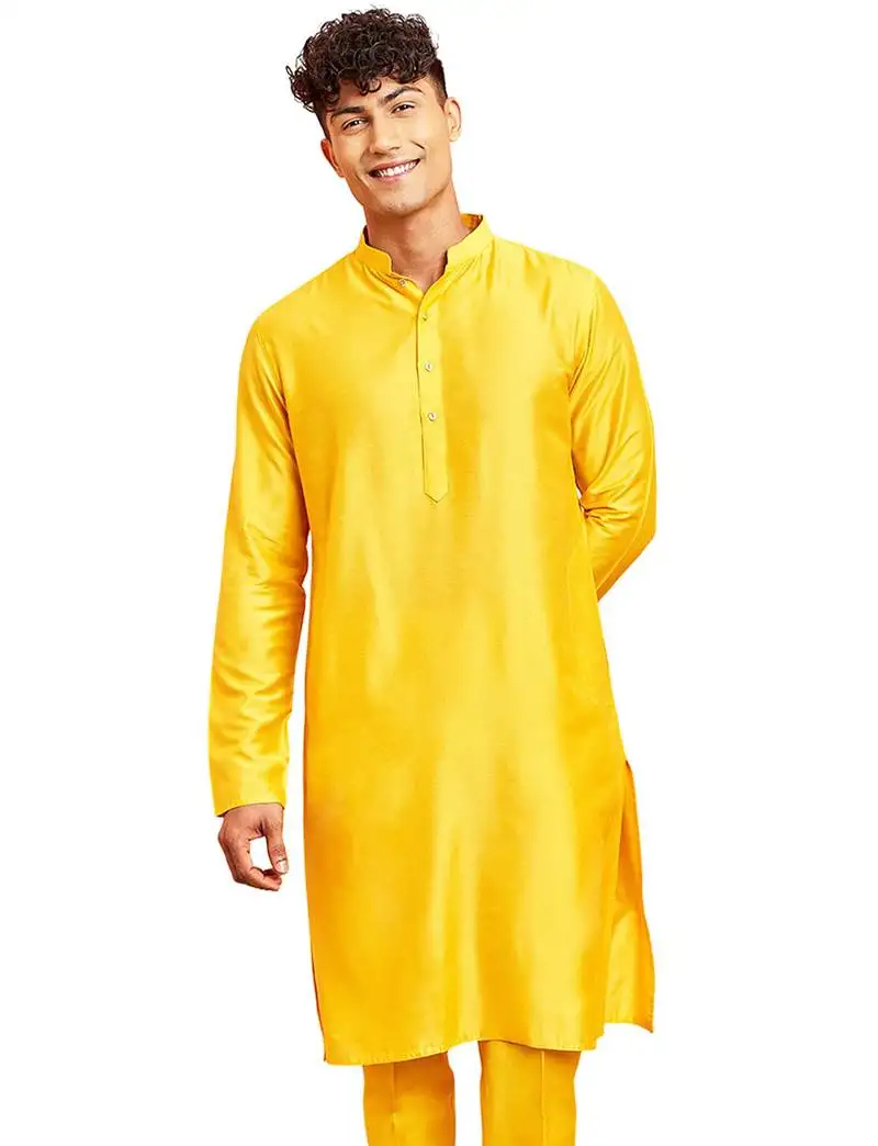Men yellow viscose kurta - long sleeve mandarin collar festive wedding traditional ethnic wear