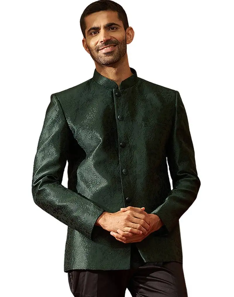 Men bottle green silk jodhpuri - premium jacquard floral wedding party wear