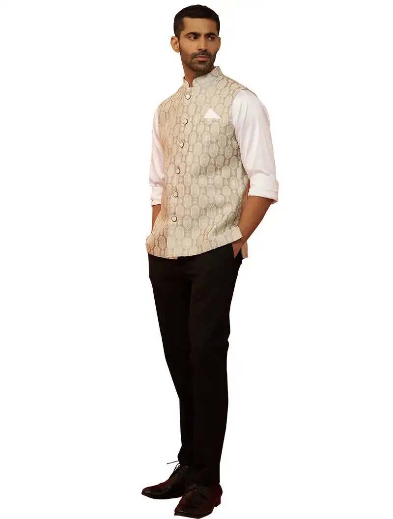 Men cream silk nehru jacket - premium jacquard ethnic contemporary festive wear