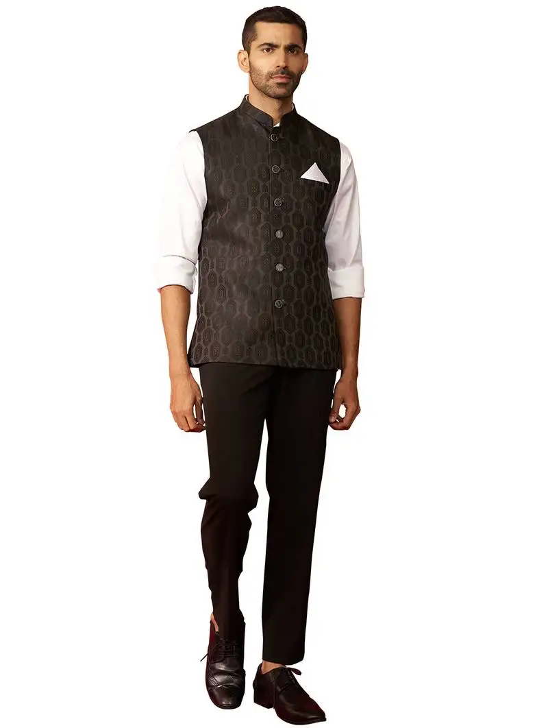 Men black silk nehru jacket - premium jacquard ethnic festive party wear