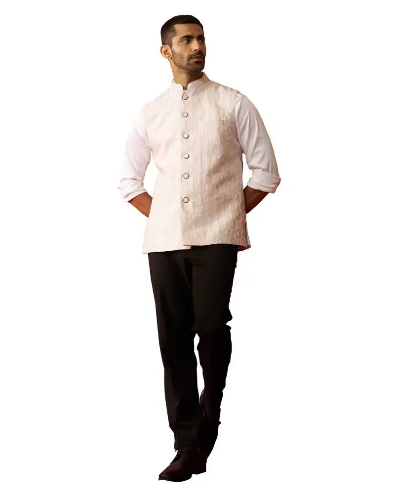 Men cream silk nehru jacket - premium jacquard ethnic party festive wear