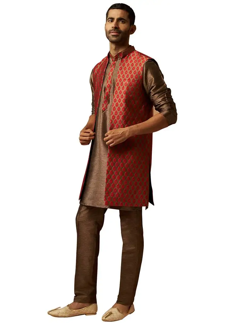 Men bronze maroon silk 3-piece jacquard set - premium ethnic motif royal ensemble