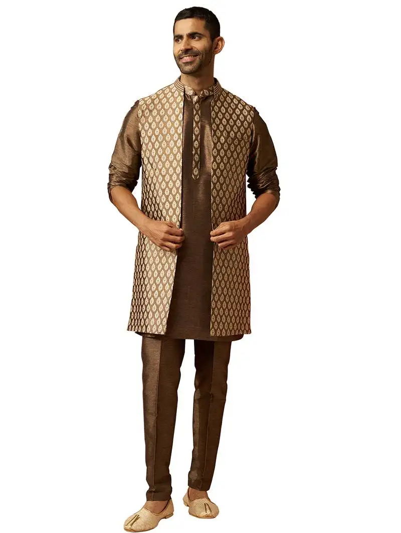 Men bronze gold silk 3-piece jacquard set - premium ethnic motif wedding ensemble