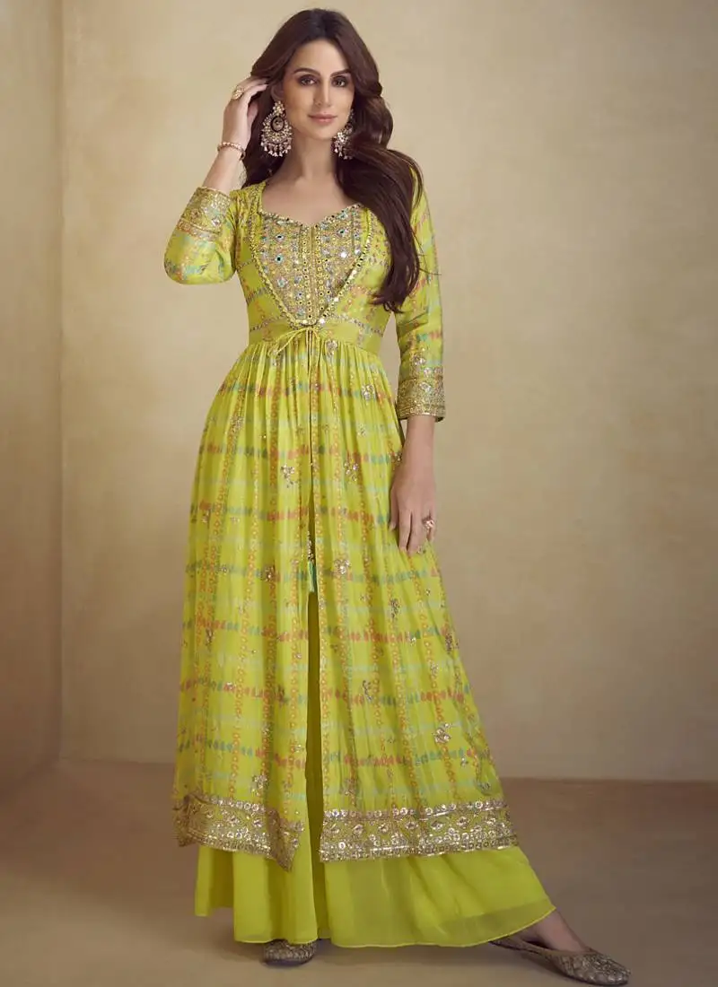 Yellow chinon silk digital print western style plazzo suit stitched