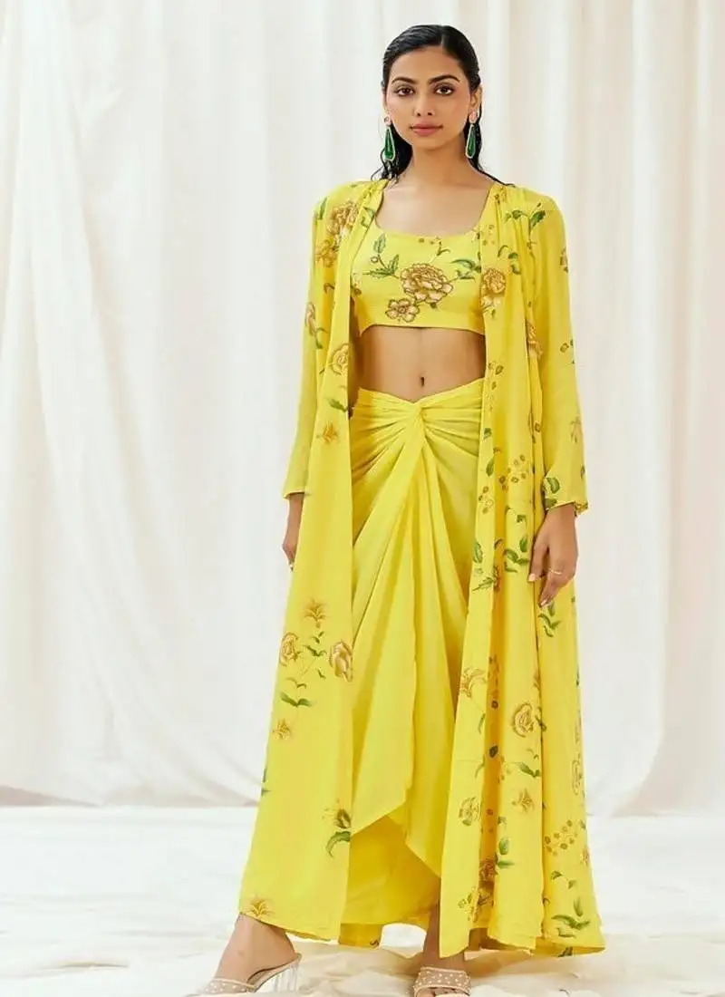 Yellow floral printed crepe cape set
