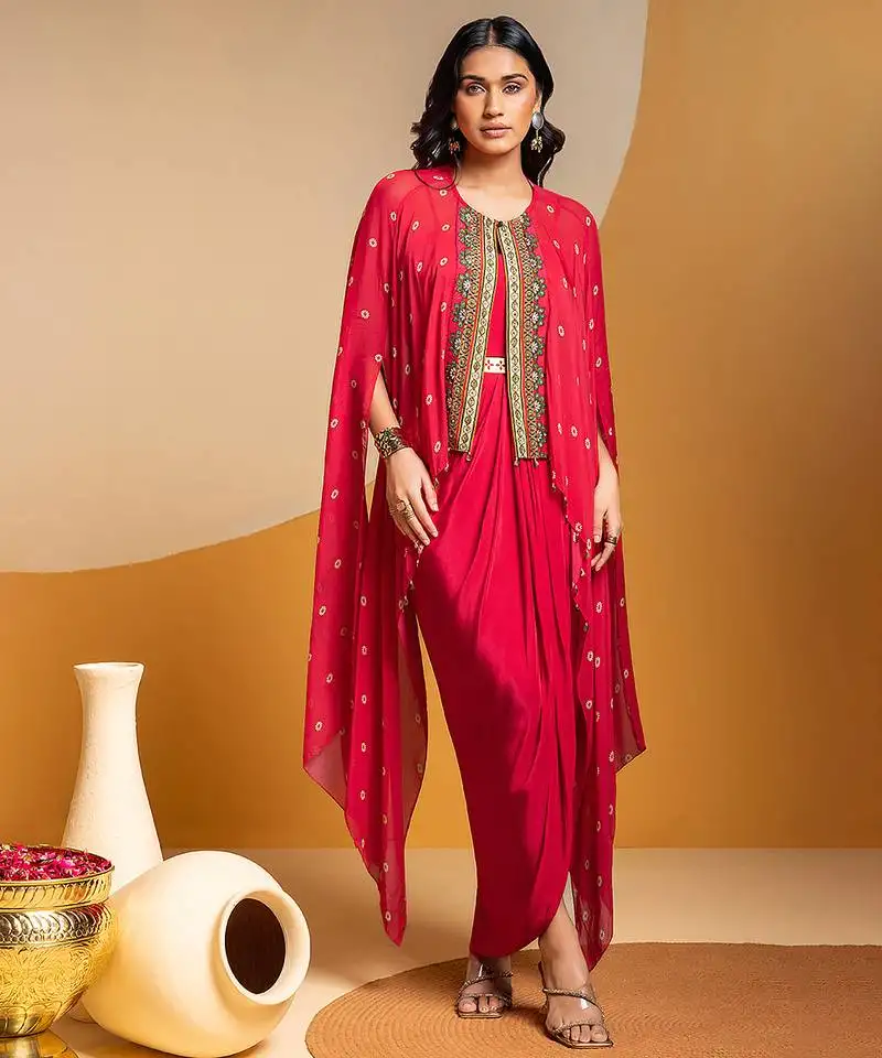 Pink floral printed crepe dress with cape