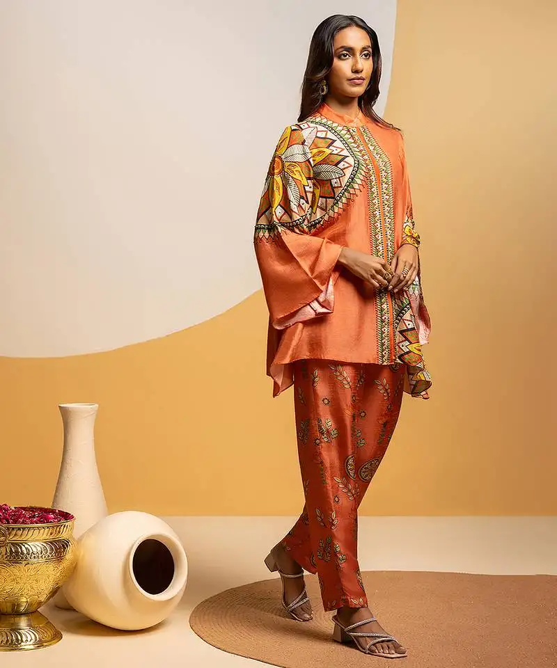 Rust floral printed silk kurta set